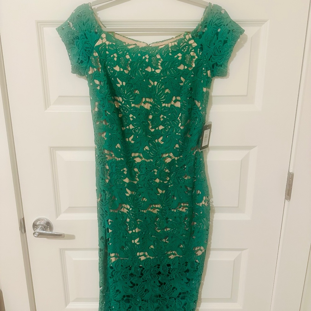 Marina Dress Green Crochet Midi Dress XS Off Shoulder